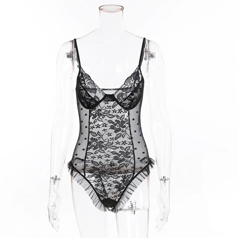 Lace Polka Dot Bodysuit for Intimate Wear - Lingerie