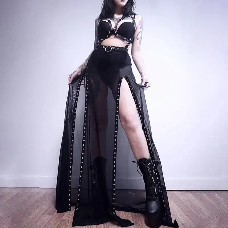 Women's Sheer Mesh Maxi Dress with Slit - Lingerie
