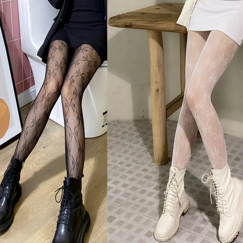 Japanese White Lace Bow Fishnet Stockings Set - Lingerie
