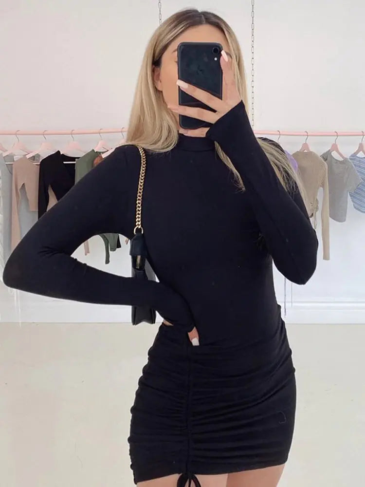 Black Turtleneck Ruched Bodycon Mini Dress for Women - 888