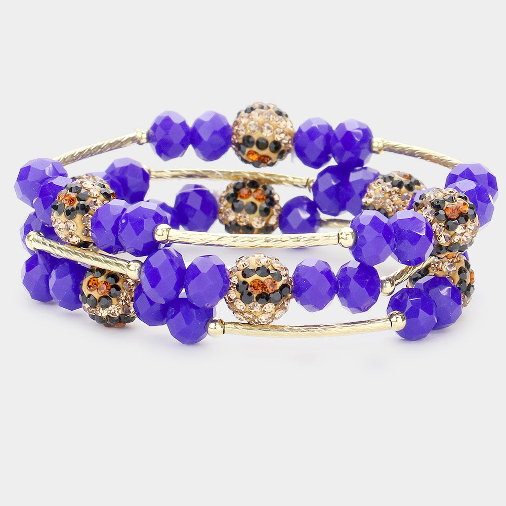 3PCS - Leopard Patterned Shamballa Ball Faceted Beaded Stretch Bracelets