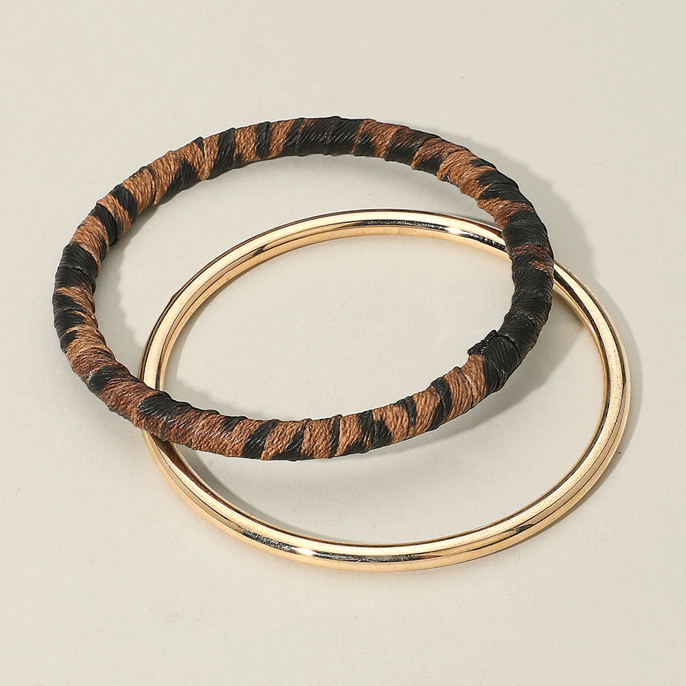 2PCS - Metal Leopard Fabric Covered Bangle Layered Bracelets
