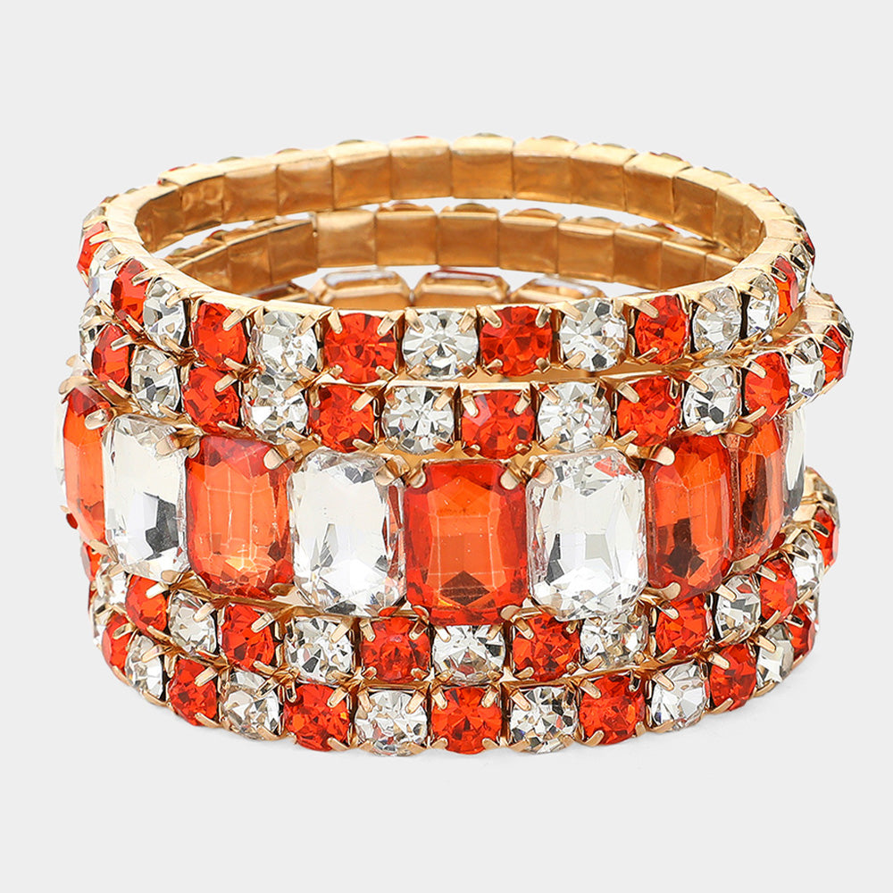 Women's 5Pcs Rectangle Round Stone Stretch Multi Layered Bracelets