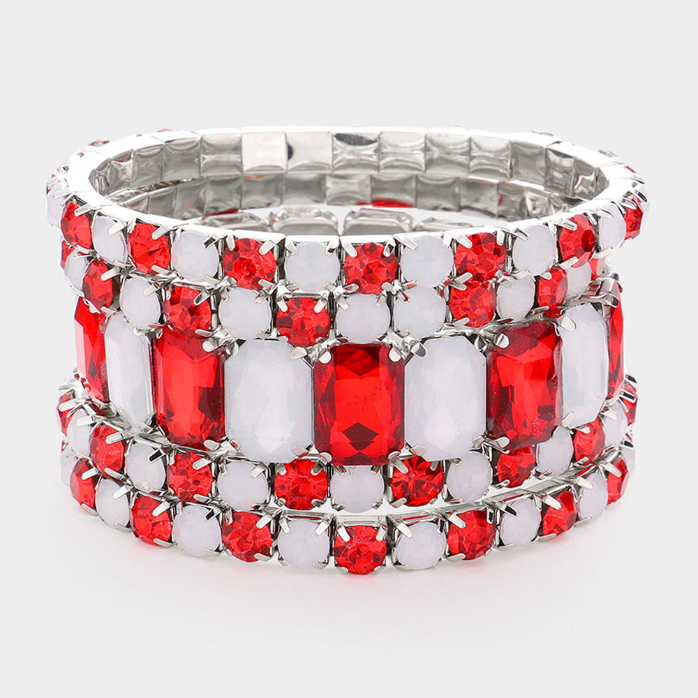Women's 5Pcs Rectangle Round Stone Stretch Multi Layered Bracelets
