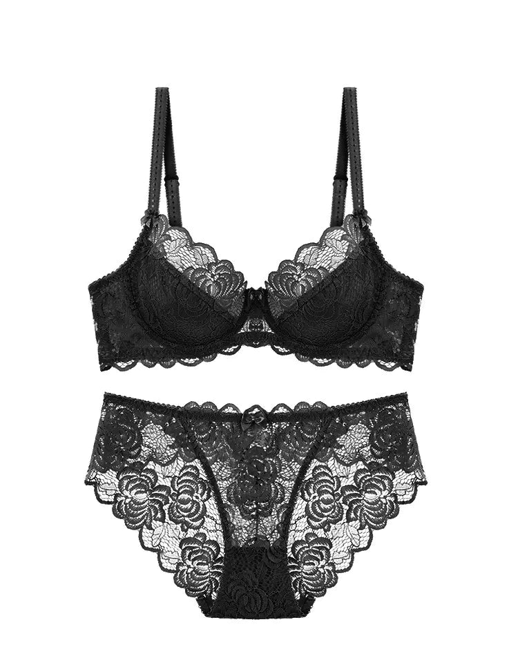 Lace Bra Set with Underwire and Thin Mesh Fabric - Lingerie