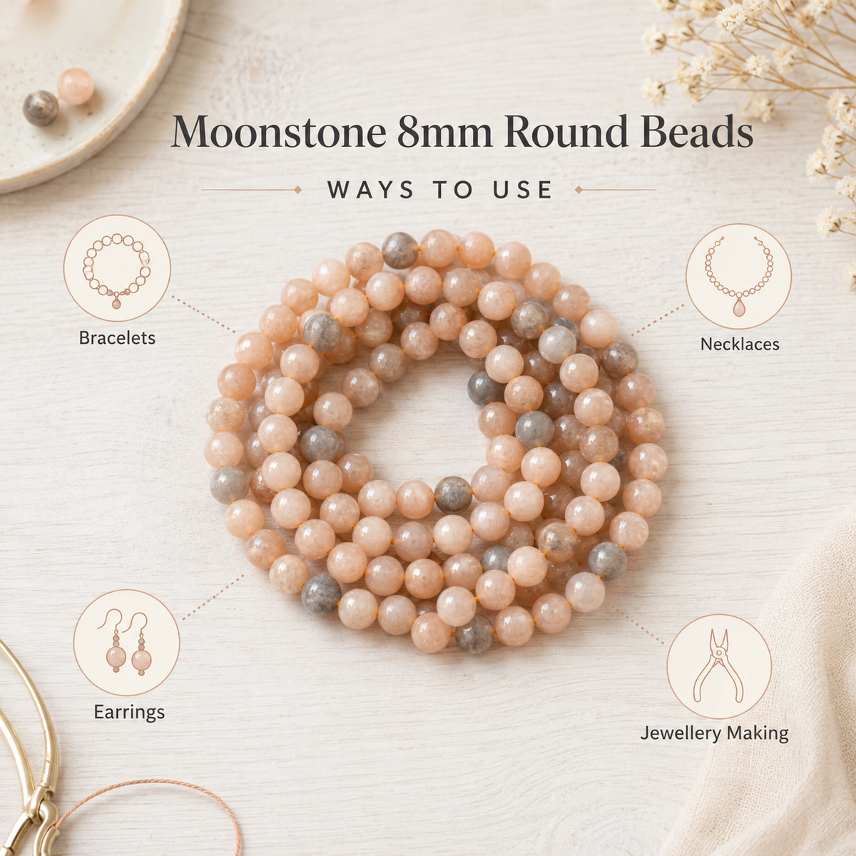 Moonstone Beads, Natural Round Crystal Beads 4mm to 12mm