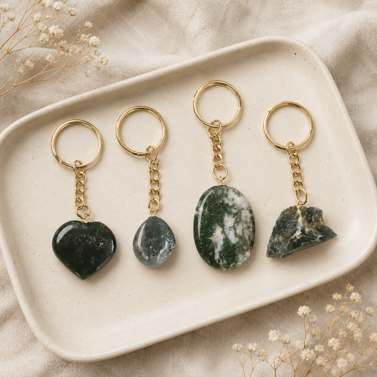 Moss Agate Key Chain, Gemstone Keychain Crystal Key Ring (Trust and Self-Discipline)