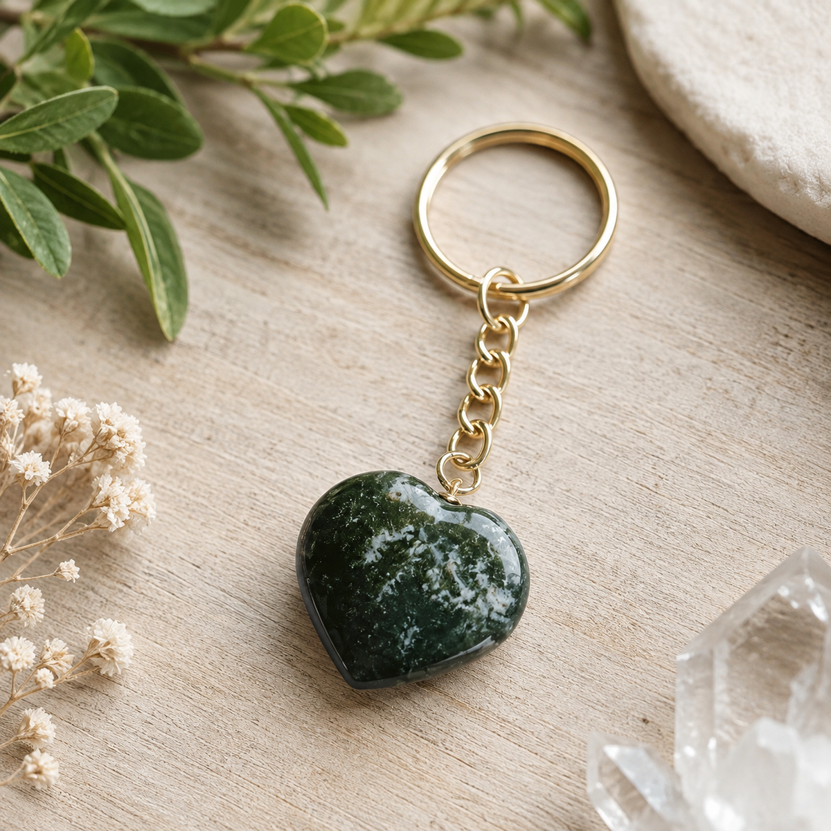 Moss Agate Key Chain, Gemstone Keychain Crystal Key Ring (Trust and Self-Discipline)