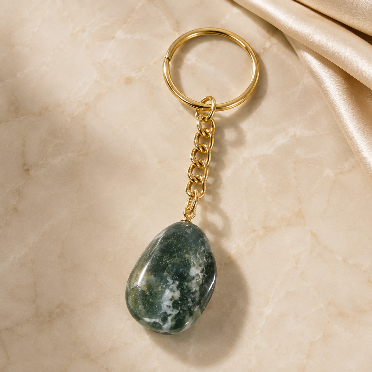 Moss Agate Key Chain, Gemstone Keychain Crystal Key Ring (Trust and Self-Discipline)