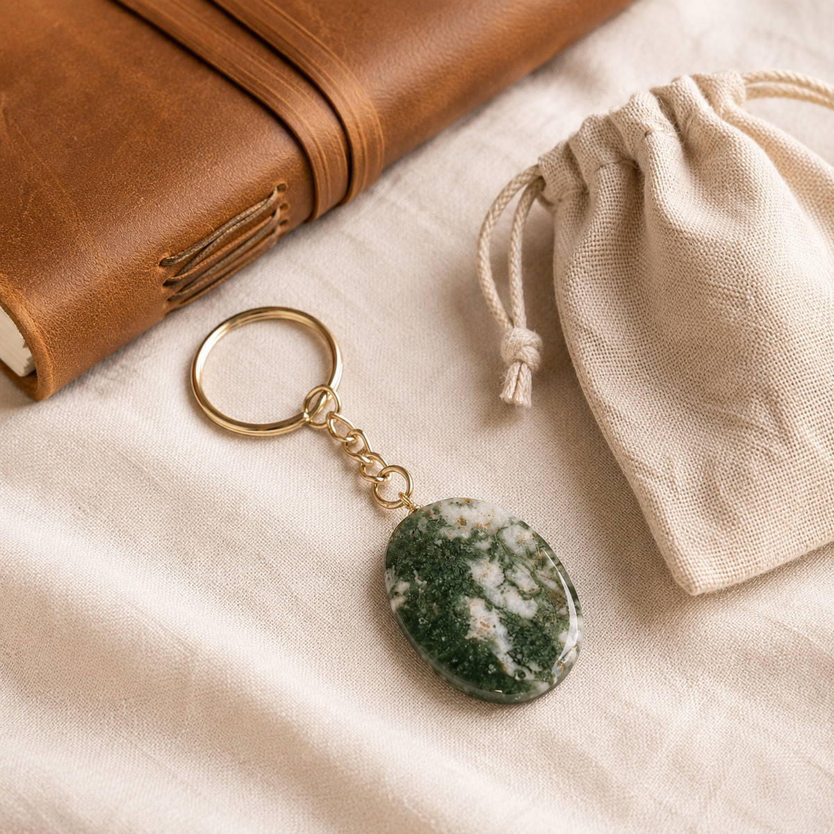 Moss Agate Key Chain, Gemstone Keychain Crystal Key Ring (Trust and Self-Discipline)