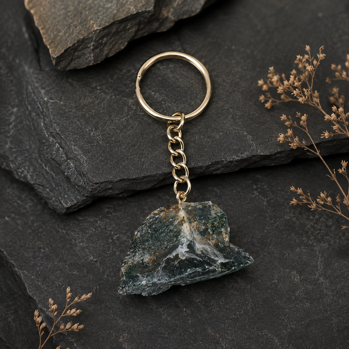 Moss Agate Key Chain, Gemstone Keychain Crystal Key Ring (Trust and Self-Discipline)