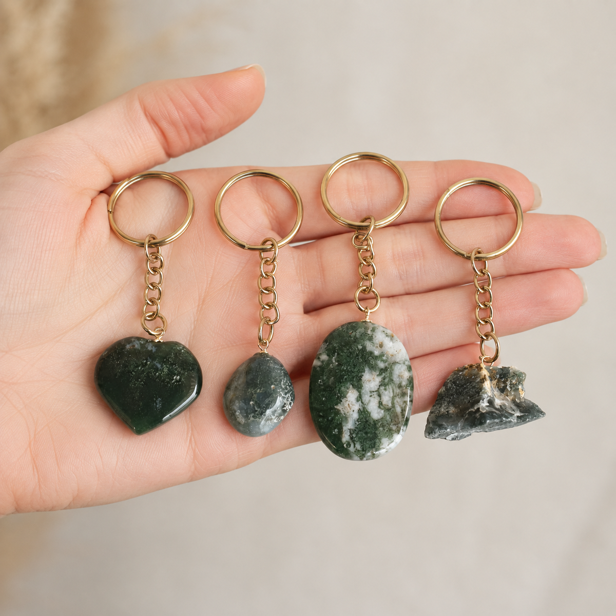 Moss Agate Key Chain, Gemstone Keychain Crystal Key Ring (Trust and Self-Discipline)