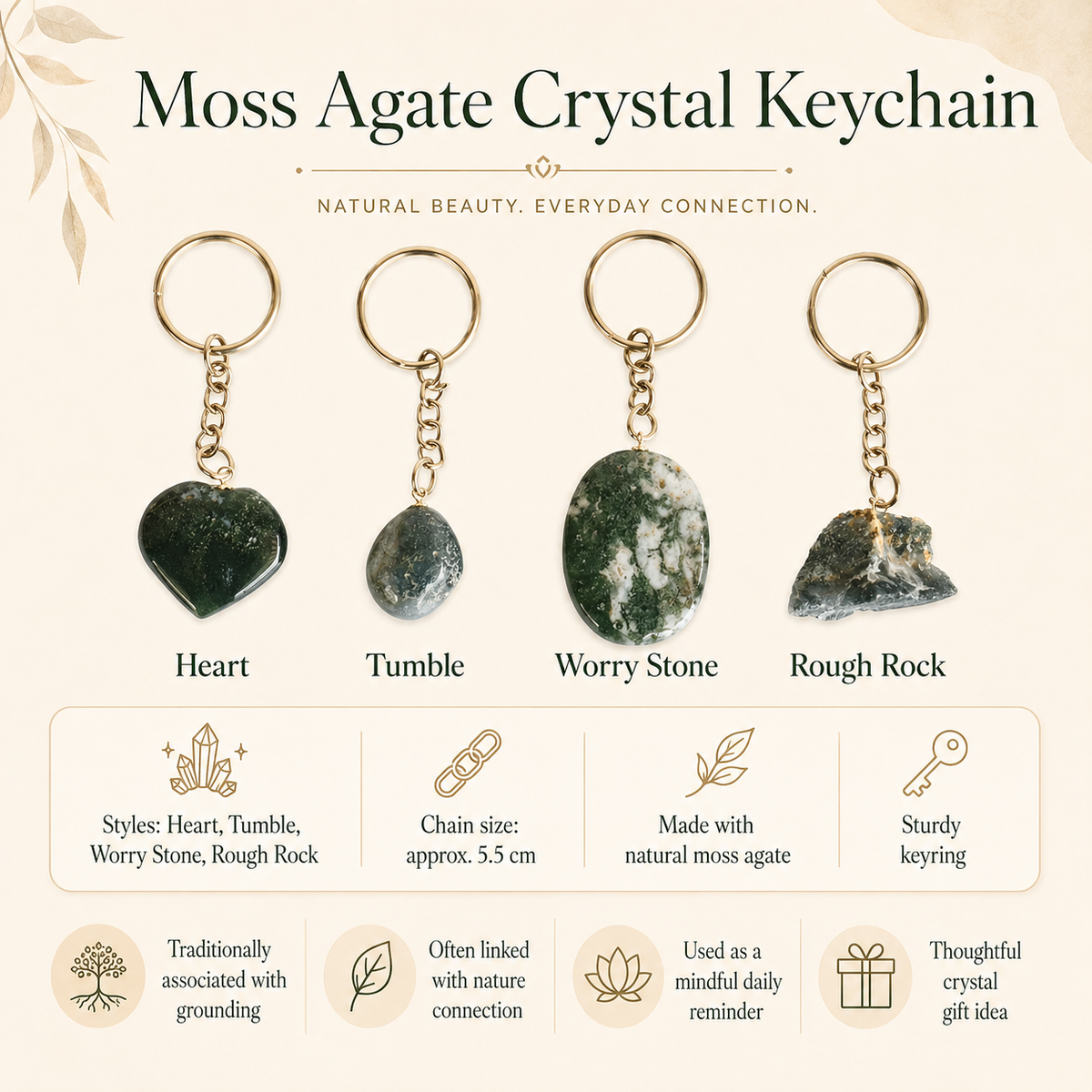 Moss Agate Key Chain, Gemstone Keychain Crystal Key Ring (Trust and Self-Discipline)