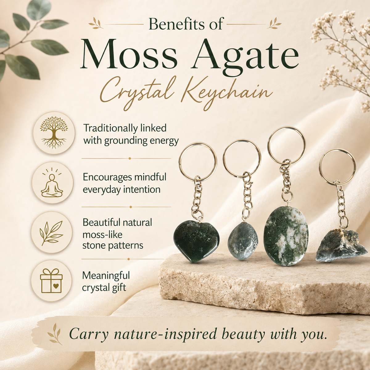 Moss Agate Key Chain, Gemstone Keychain Crystal Key Ring (Trust and Self-Discipline)