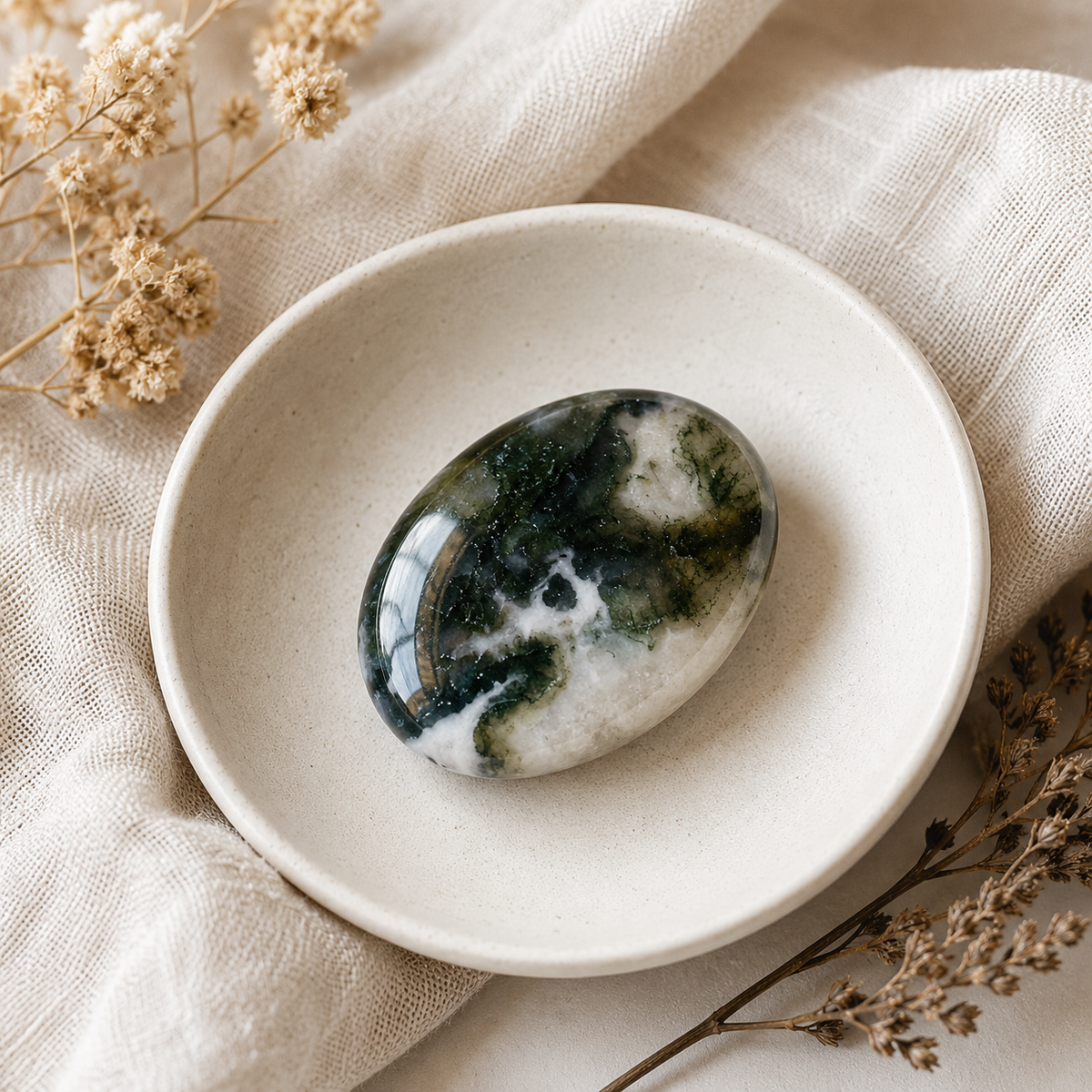 Moss Agate Pocket Stones (Trust and Self-Discipline)