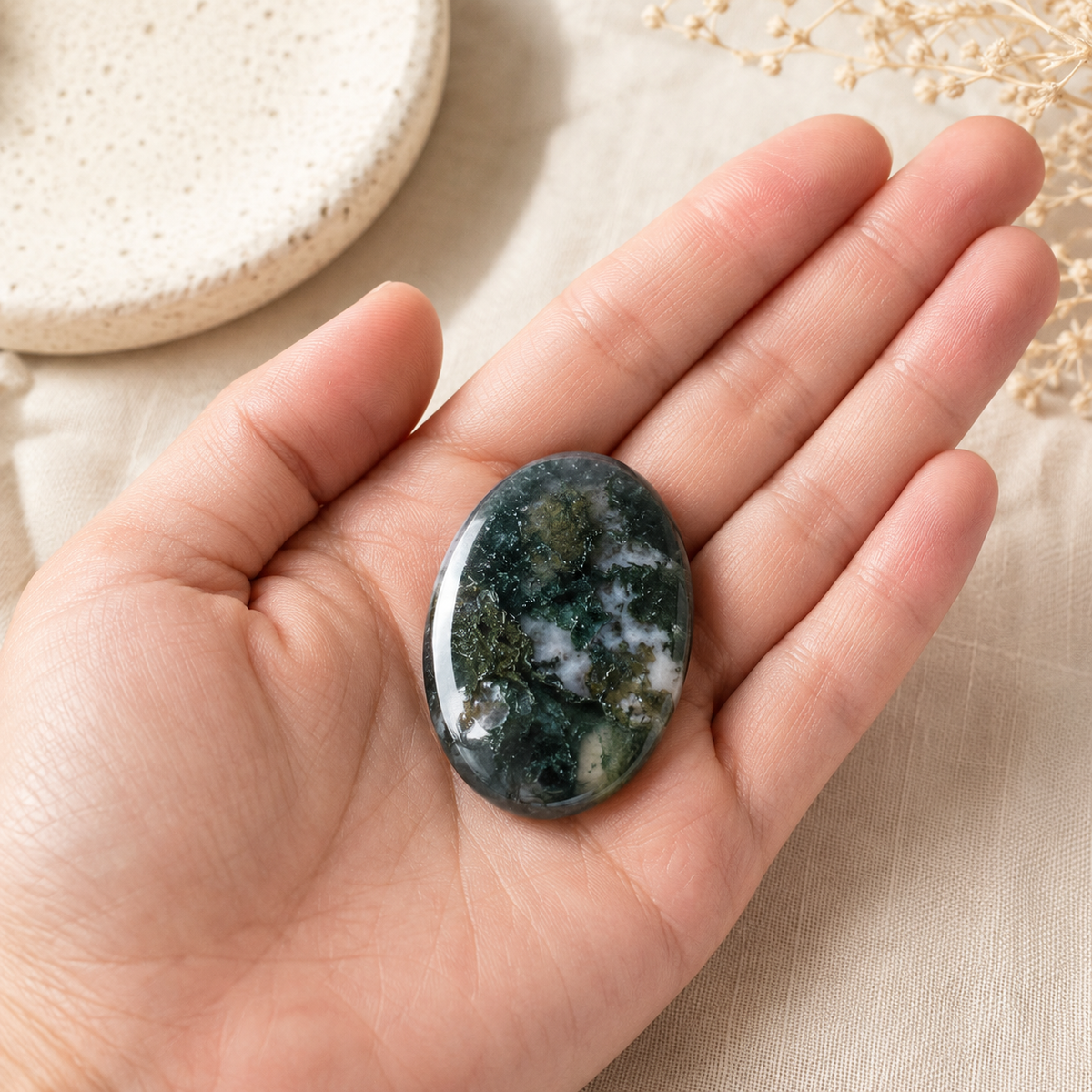 Moss Agate Pocket Stones (Trust and Self-Discipline)