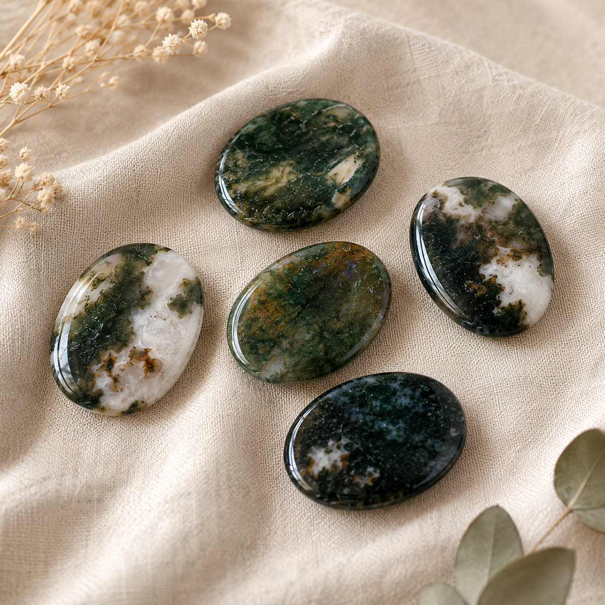 Moss Agate Pocket Stones (Trust and Self-Discipline)
