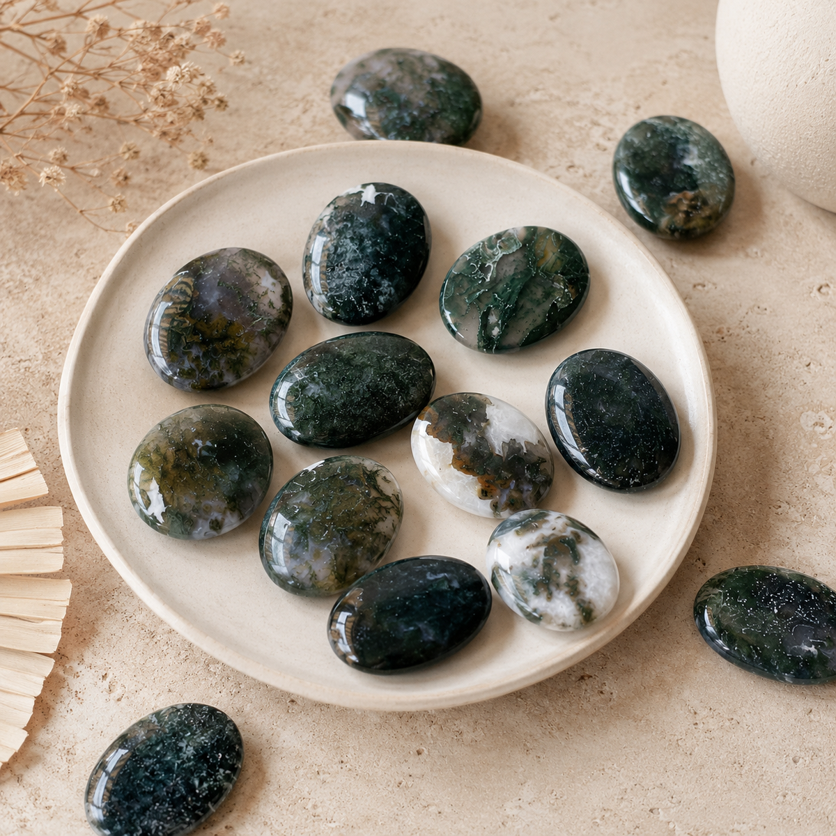 Moss Agate Pocket Stones (Trust and Self-Discipline)