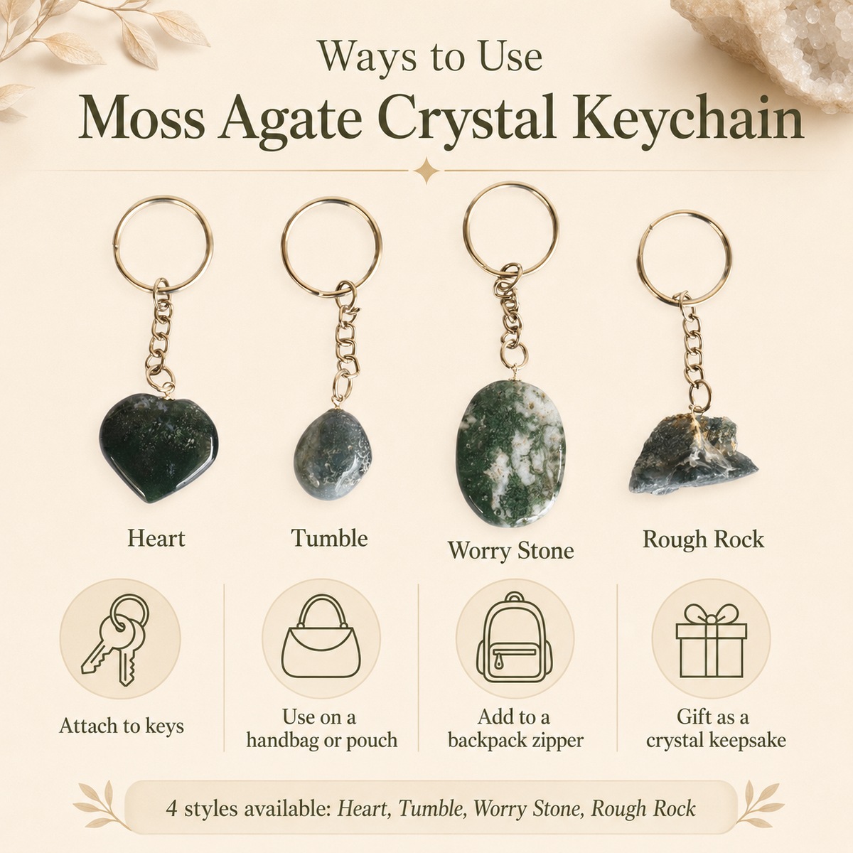 Moss Agate Key Chain, Gemstone Keychain Crystal Key Ring (Trust and Self-Discipline)