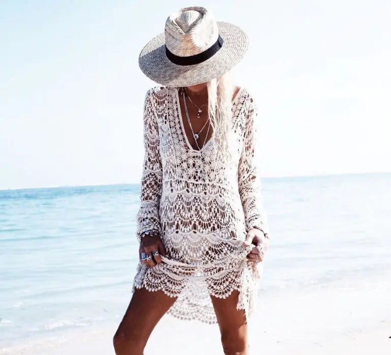 Lace Cover-Up, Long Sleeve Beach Dress, Sexy Sheer Top - Lingerie
