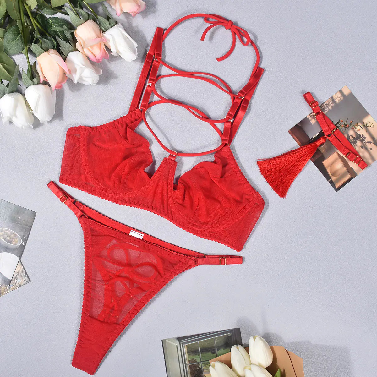 Sexy Lingerie Set with Tassels and Neck Strap for Women
