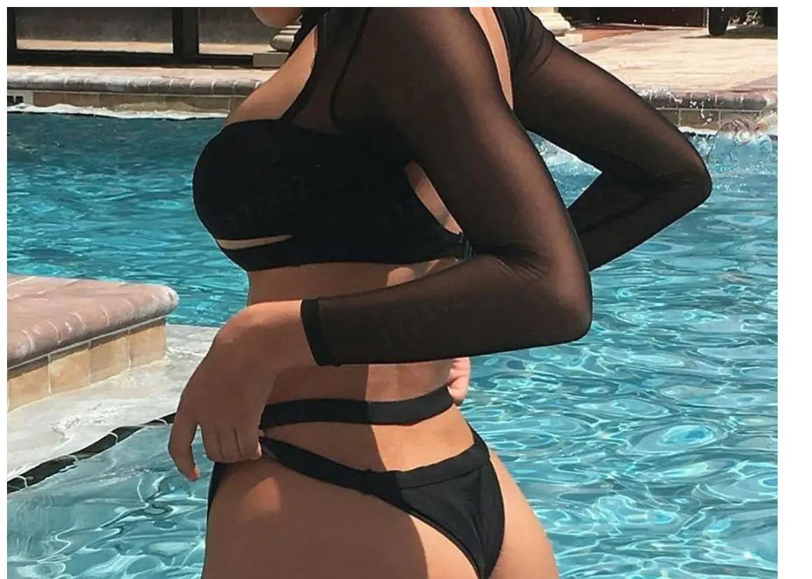 Lace Sexy Lingerie Set with Sheer Long Sleeve Swimsuit