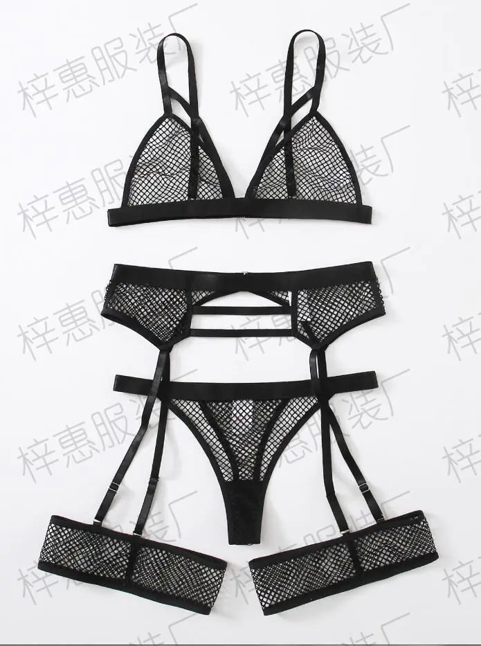 Mesh See-Through Bra Set - Sexy Lingerie (3 Pieces)