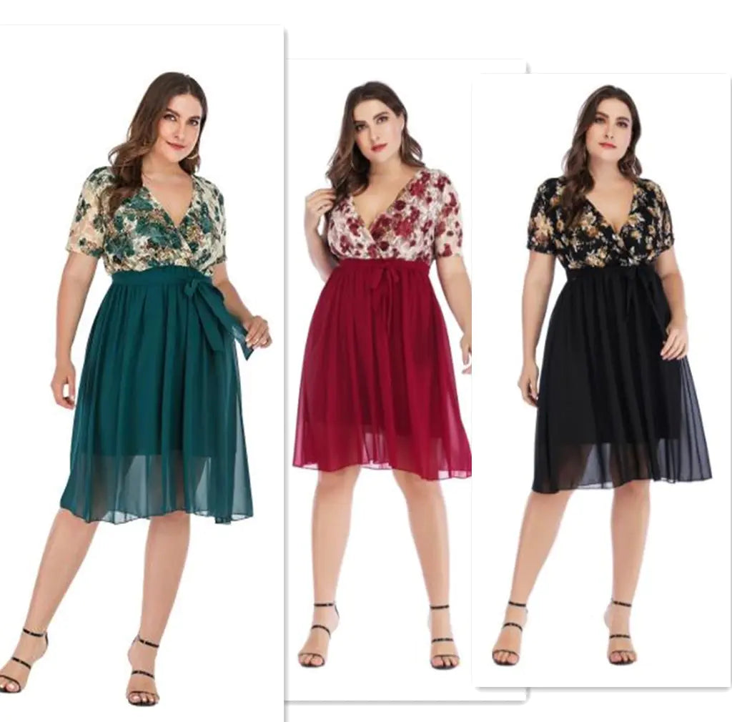 Plus Size V-Neck Chiffon Dress for Curvy Women - 888