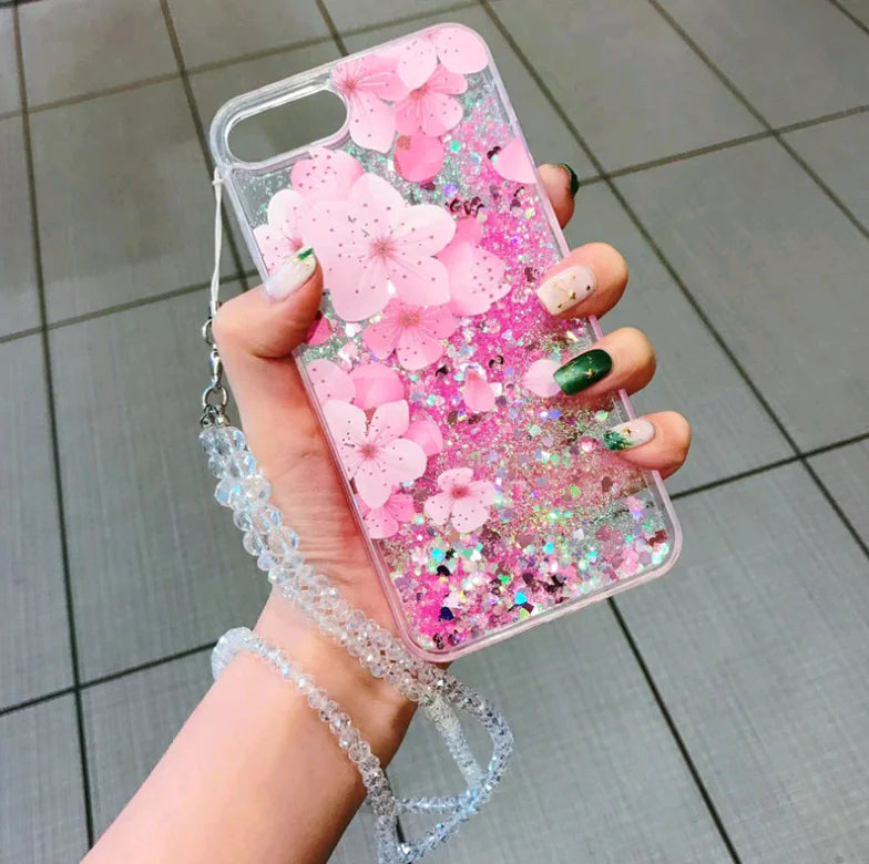 Trendy Summer Pink Peony Phone Case with Glitter Sand