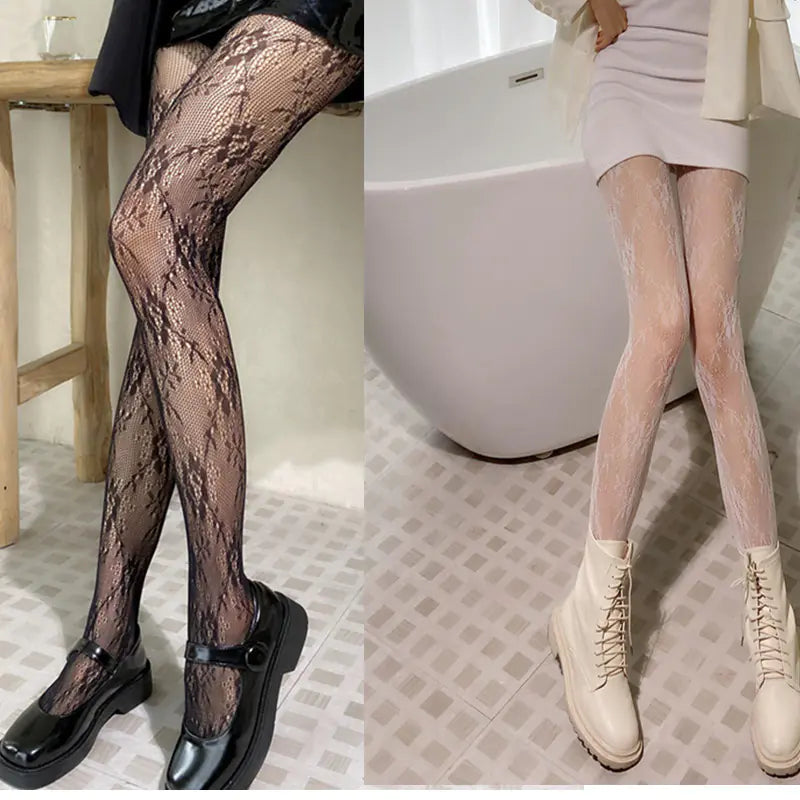 Japanese White Lace Bow Fishnet Stockings Set - Lingerie