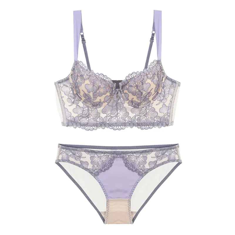 French Lace Long-Line Bra Set with Embroidery (Comfort Fit) - Lingerie