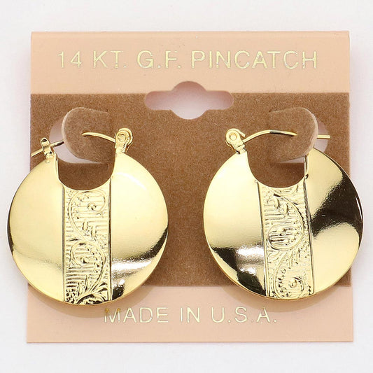 14K Gold Filled Textured Metal Pin Catch Hoop Earrings