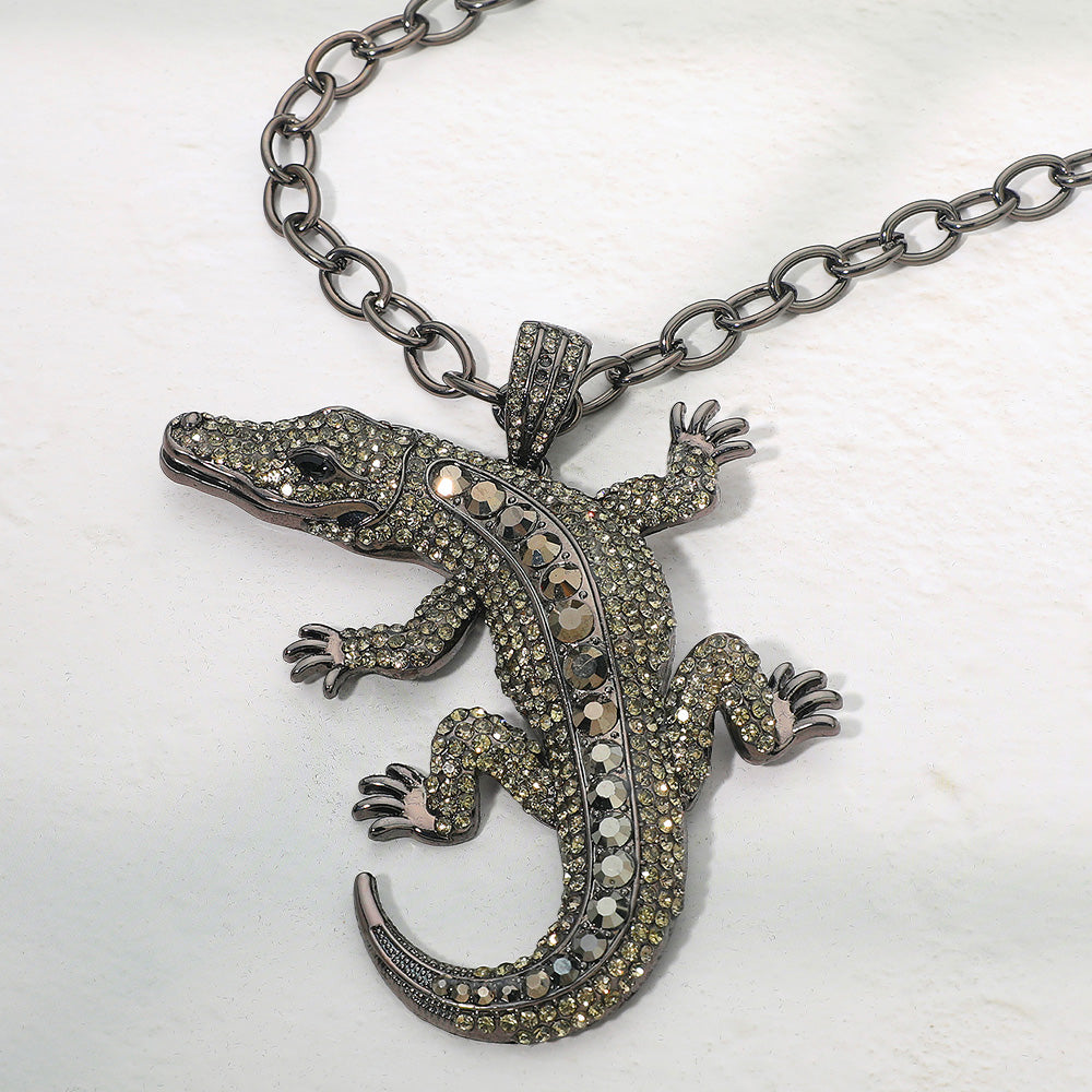 Bold Bling Studded Alligator Pendant Chunky Chain Statement Necklace