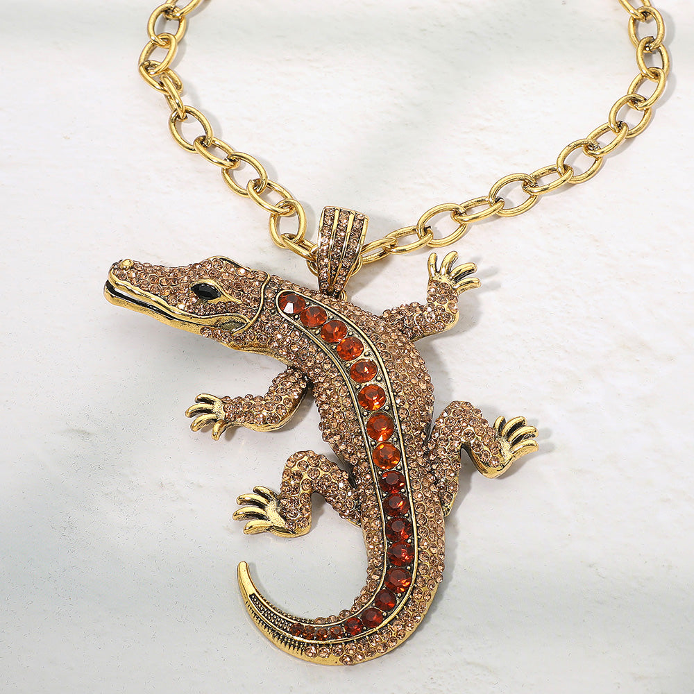 Bold Bling Studded Alligator Pendant Chunky Chain Statement Necklace