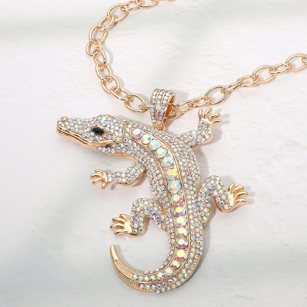 Bold Bling Studded Alligator Pendant Chunky Chain Statement Necklace