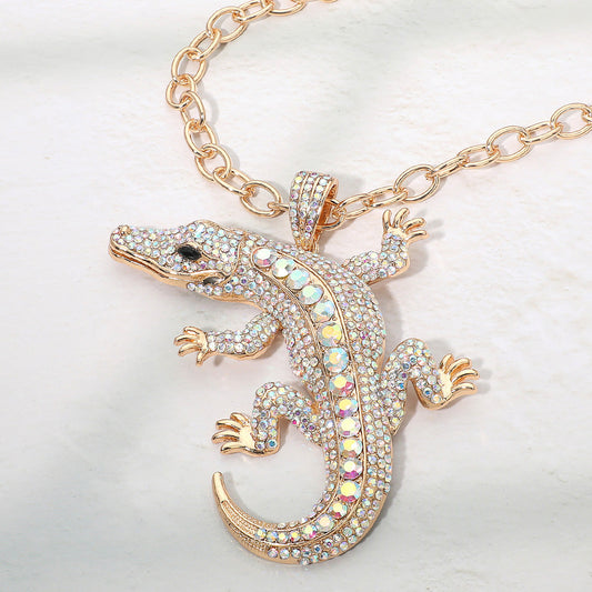 Bold Bling Studded Alligator Pendant Chunky Chain Statement Necklace