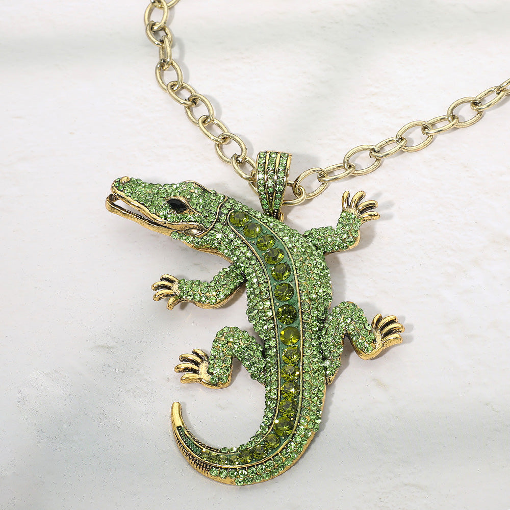 Bold Bling Studded Alligator Pendant Chunky Chain Statement Necklace