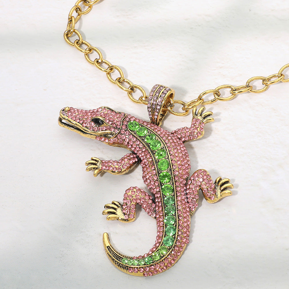 Bold Bling Studded Alligator Pendant Chunky Chain Statement Necklace