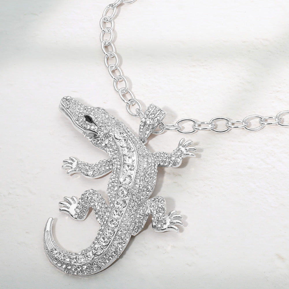 Bold Bling Studded Alligator Pendant Chunky Chain Statement Necklace