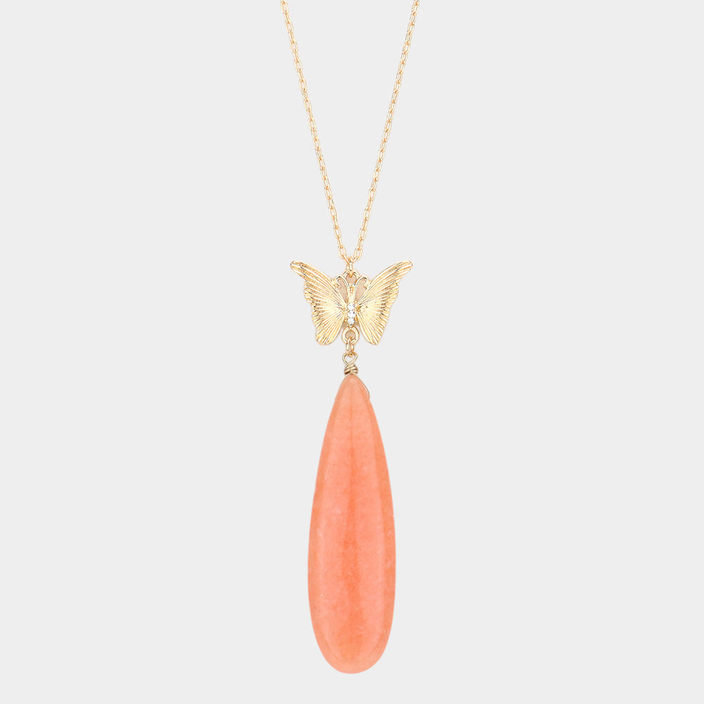 Butterfly Natural Stone Teardrop Link Pendant Long Necklace
