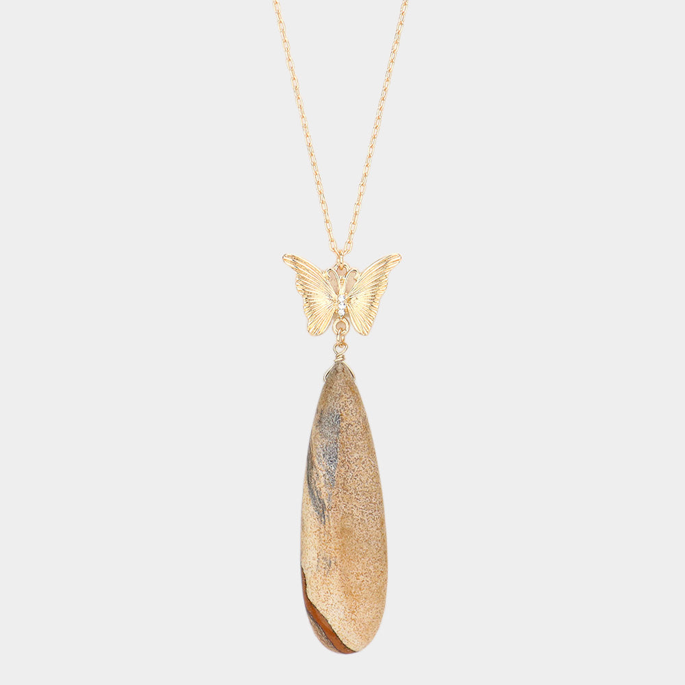 Butterfly Natural Stone Teardrop Link Pendant Long Necklace