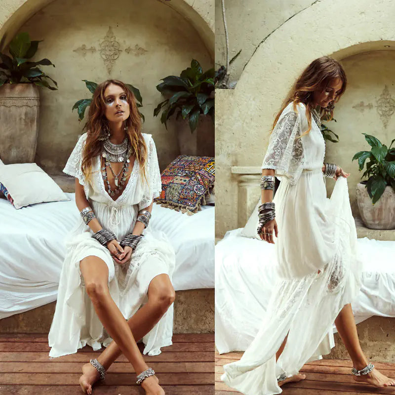 Lace Beach Cover-Up, Loose Vacation Maxi Dress - Lingerie