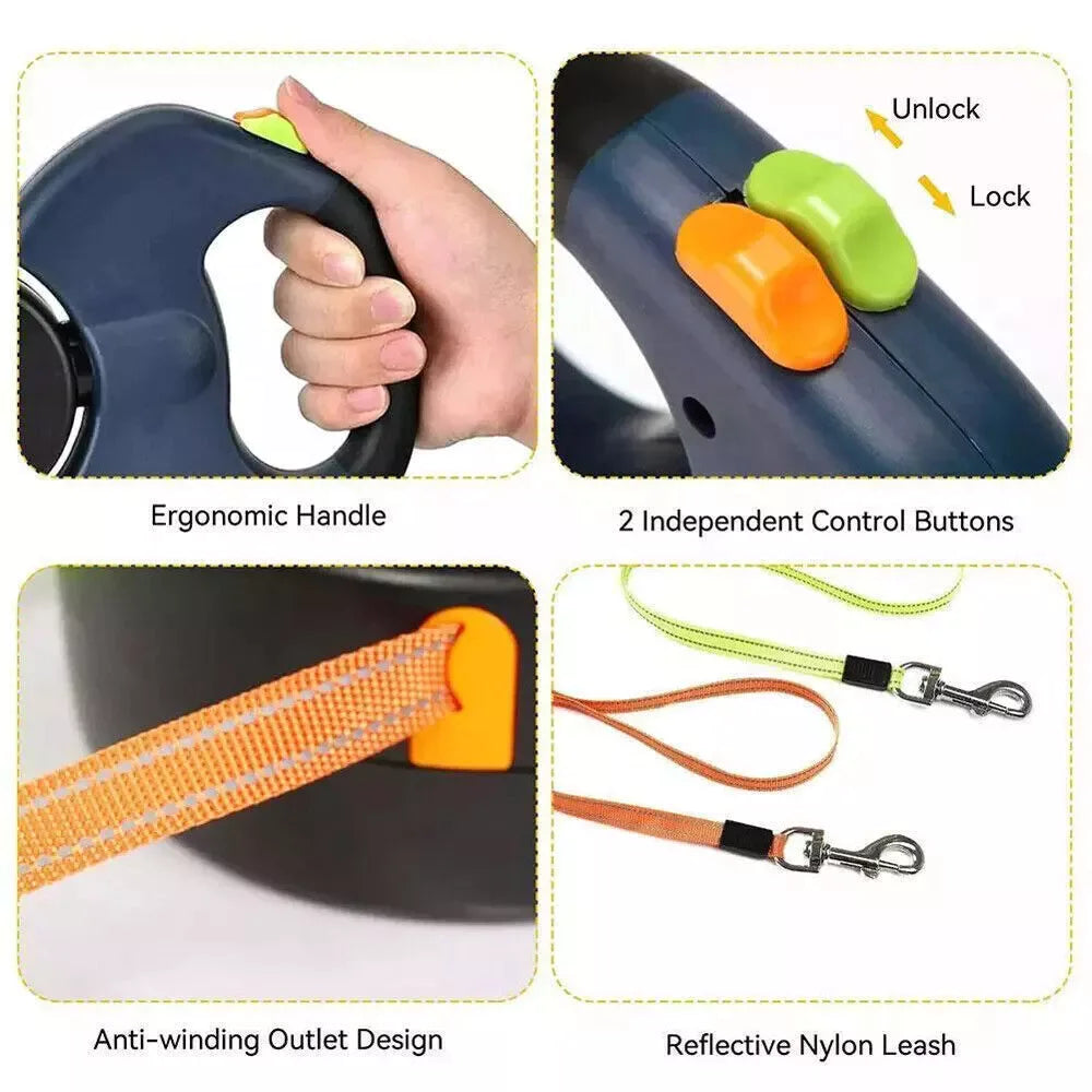 Dual Pet Leash Retractable Reflective Lead 360 Swivel Double Dog Walking Leash