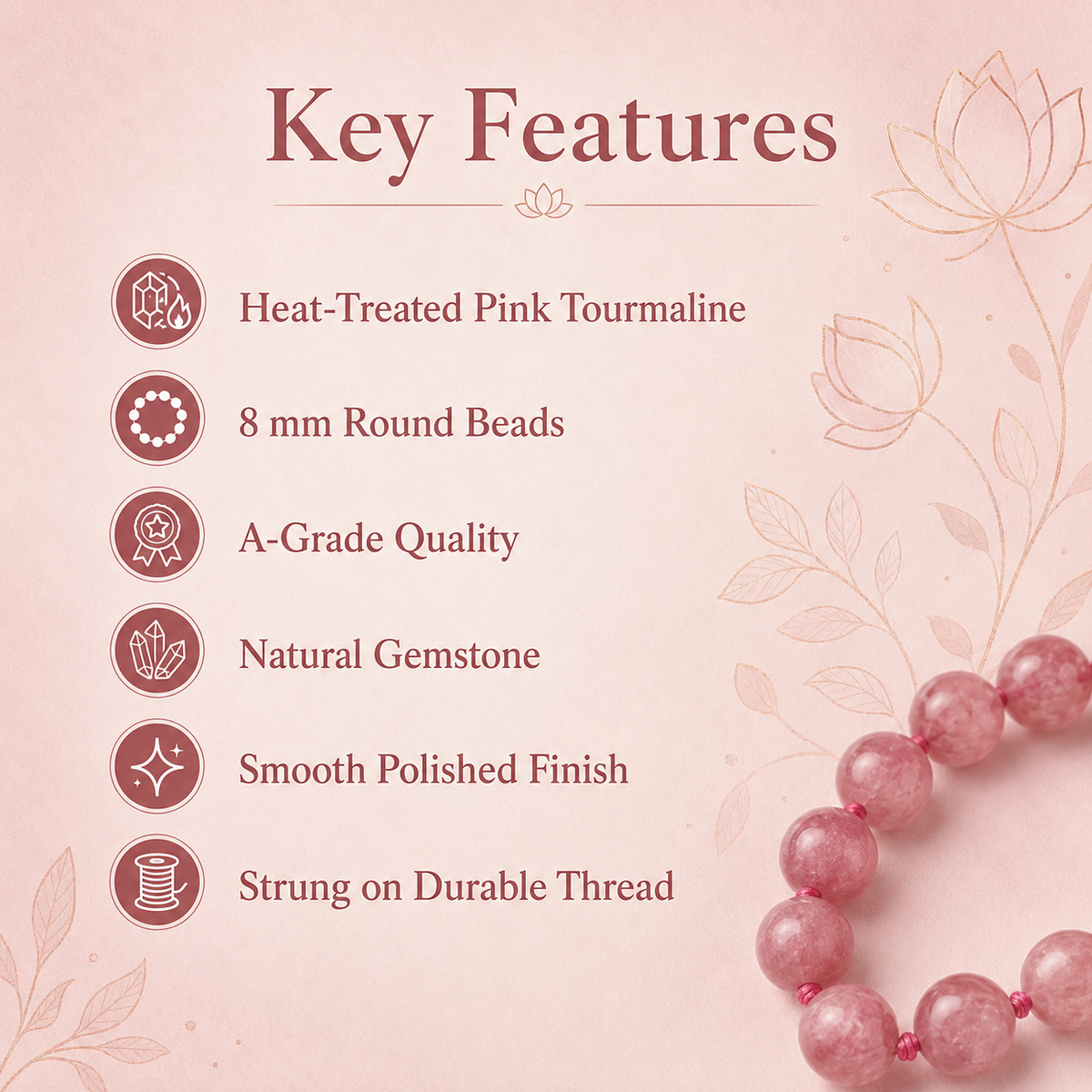 Pink Tourmaline Heated Beads, Natural Round Crystal Beads 4mm to 10mm