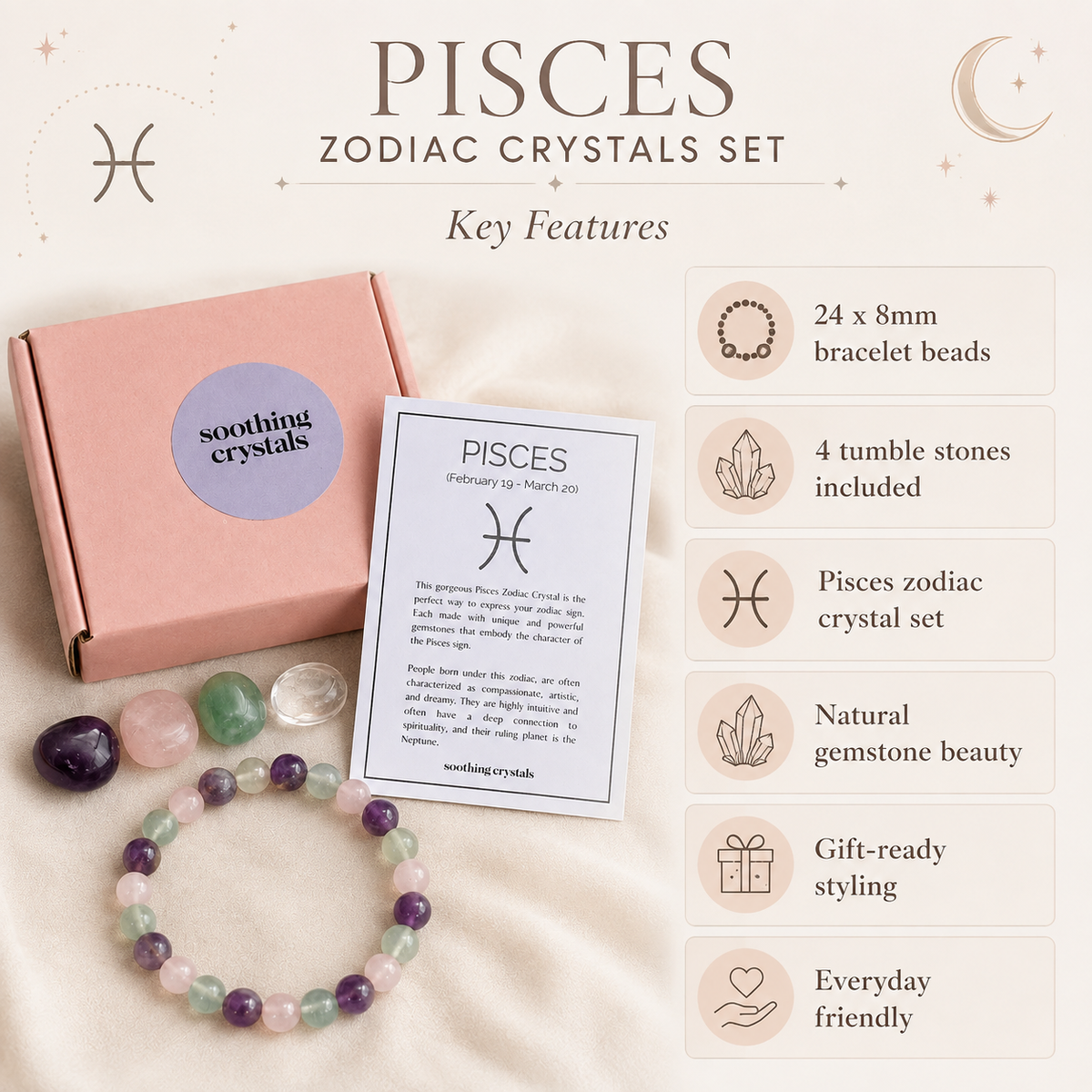 PISCES Zodiac Crystal Kit, Pisces Birthstones Tumbled Stones Set, Pisces Gifts