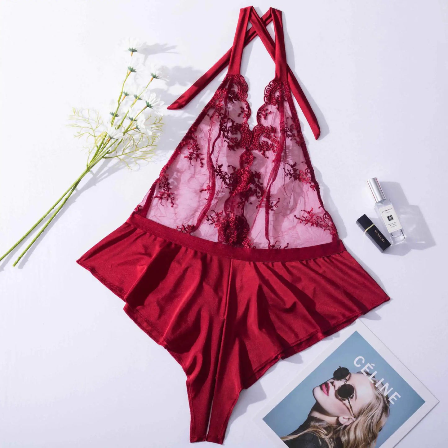 Sexy Embroidered Summer Bodysuit with Lace-Up Design - Lingerie