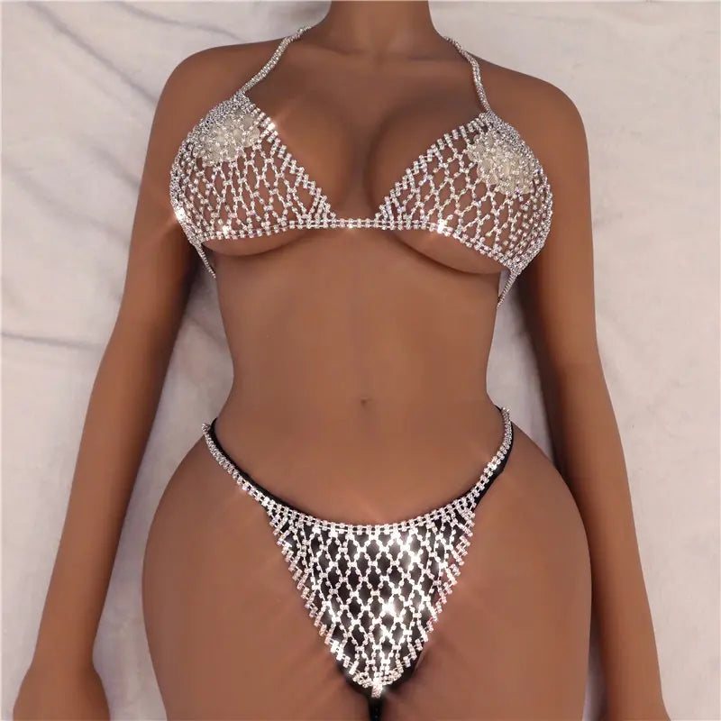 Exaggerated Rhinestone Body Chain Bikini Set - Lingerie