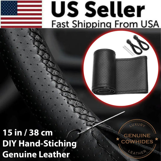 Genuine Leather DIY Car Steering Wheel Cover Anti-slip For Cm Black US - US seller