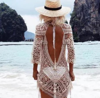 Beach Vacation Sunscreen Cover-Up Dress with Lace Detail - Lingerie
