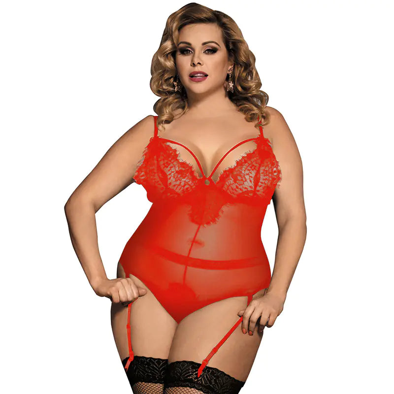 Plus Size Lace Lingerie with Garters and Open Cups